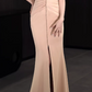 Elegant Mermaid Feather Trim Evening Gown Spaghetti Strap Satin Prom Dress DP7800