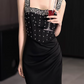Elegant Black Mermaid Evening Gown Beaded Square Neck Satin Prom Dress DP7801