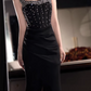 Elegant Black Mermaid Evening Gown Beaded Square Neck Satin Prom Dress DP7801