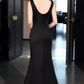 Elegant Black Mermaid Evening Gown Beaded Square Neck Satin Prom Dress DP7801