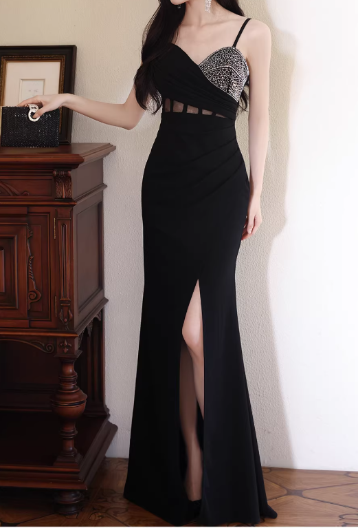 Elegant Black Mermaid Evening Gown Beaded Sweetheart Spaghetti Strap Slit Prom Dress DP7803