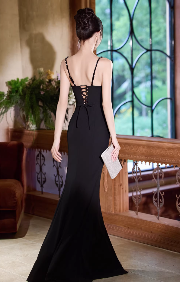 Elegant Black Mermaid Evening Gown Beaded Sweetheart Spaghetti Strap Slit Prom Dress DP7803