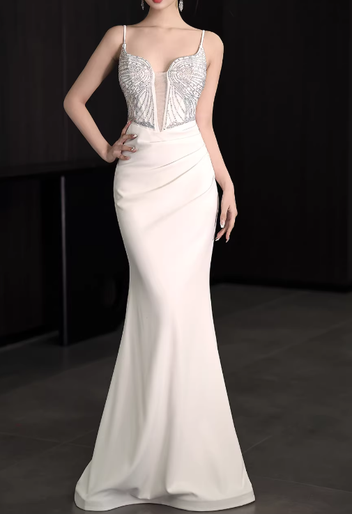 Elegant Ivory Mermaid Evening Gown Deep V-Beaded Bodice Satin Prom Dress DP7805