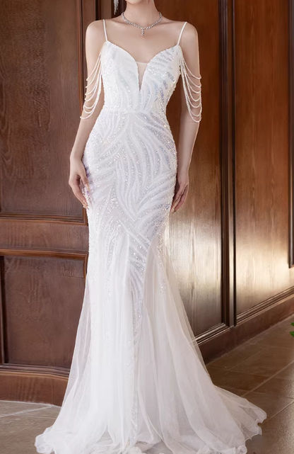 Elegant White Mermaid Evening Gown Deep V-Neck Beaded Tulle Chain Straps Prom Dress DP7806