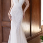 Elegant White Mermaid Evening Gown Deep V-Neck Beaded Tulle Chain Straps Prom Dress DP7806