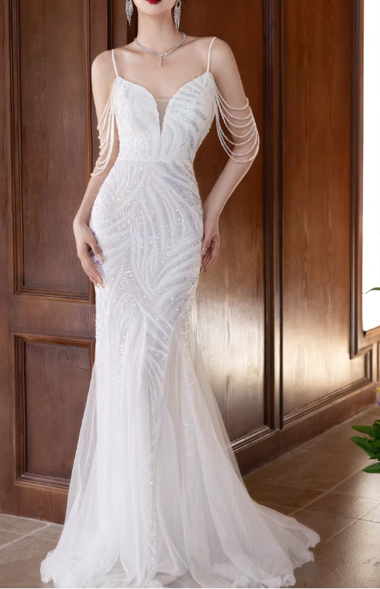 Elegant White Mermaid Evening Gown Deep V-Neck Beaded Tulle Chain Straps Prom Dress DP7806