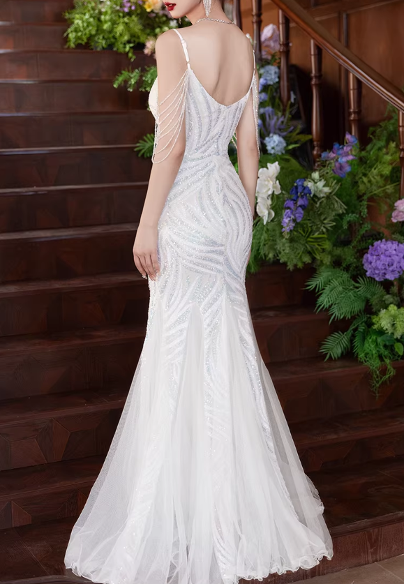 Elegant White Mermaid Evening Gown Deep V-Neck Beaded Tulle Chain Straps Prom Dress DP7806