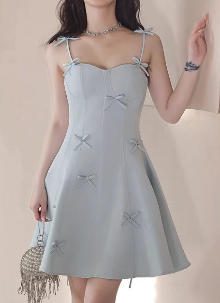 Vintage Light Blue Bow-Detailed A-Line Sweet Spaghetti Strap Homecoming Dress DP7809