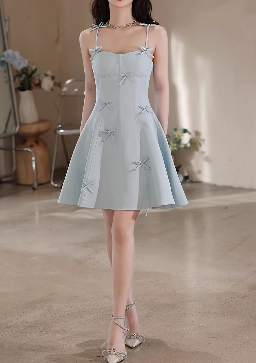 Vintage Light Blue Bow-Detailed A-Line Sweet Spaghetti Strap Homecoming Dress DP7809
