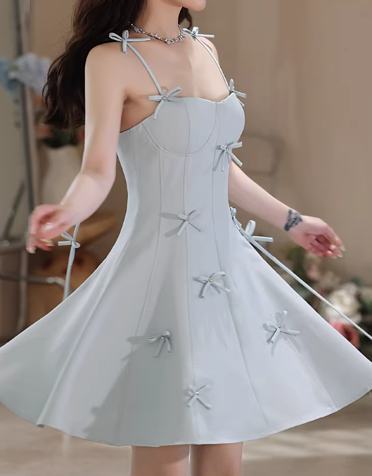 Vintage Light Blue Bow-Detailed A-Line Sweet Spaghetti Strap Homecoming Dress DP7809