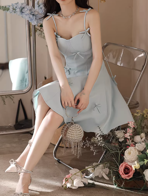 Vintage Light Blue Bow-Detailed A-Line Sweet Spaghetti Strap Homecoming Dress DP7809