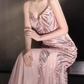 Glamouröses rosa Pailletten-Meerjungfrauen-Abendkleid mit Spaghettiträgern, V-Ausschnitt und Schleppe, Ballkleid DP7810
