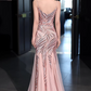 Glamouröses rosa Pailletten-Meerjungfrauen-Abendkleid mit Spaghettiträgern, V-Ausschnitt und Schleppe, Ballkleid DP7810