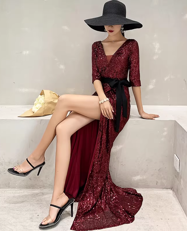 Glamorous Sequin Mermaid Evening Gown 3/4 Sleeve V-Neck Sash High Slit Prom Dress DP7814