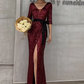Glamorous Sequin Mermaid Evening Gown 3/4 Sleeve V-Neck Sash High Slit Prom Dress DP7814
