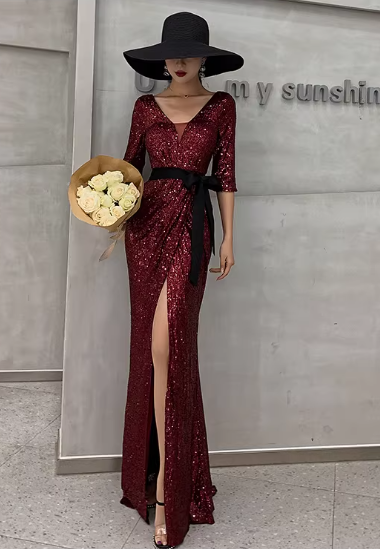 Glamorous Sequin Mermaid Evening Gown 3/4 Sleeve V-Neck Sash High Slit Prom Dress DP7814