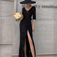 Glamorous Sequin Mermaid Evening Gown 3/4 Sleeve V-Neck Sash High Slit Prom Dress DP7814
