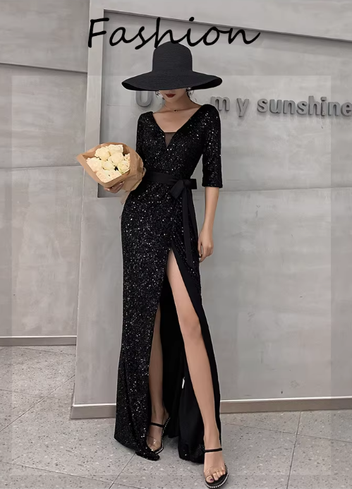 Glamorous Sequin Mermaid Evening Gown 3/4 Sleeve V-Neck Sash High Slit Prom Dress DP7814