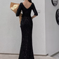 Glamorous Sequin Mermaid Evening Gown 3/4 Sleeve V-Neck Sash High Slit Prom Dress DP7814