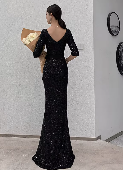 Glamorous Sequin Mermaid Evening Gown 3/4 Sleeve V-Neck Sash High Slit Prom Dress DP7814