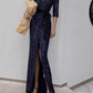 Glamorous Sequin Mermaid Evening Gown 3/4 Sleeve V-Neck Sash High Slit Prom Dress DP7814