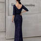 Glamorous Sequin Mermaid Evening Gown 3/4 Sleeve V-Neck Sash High Slit Prom Dress DP7814