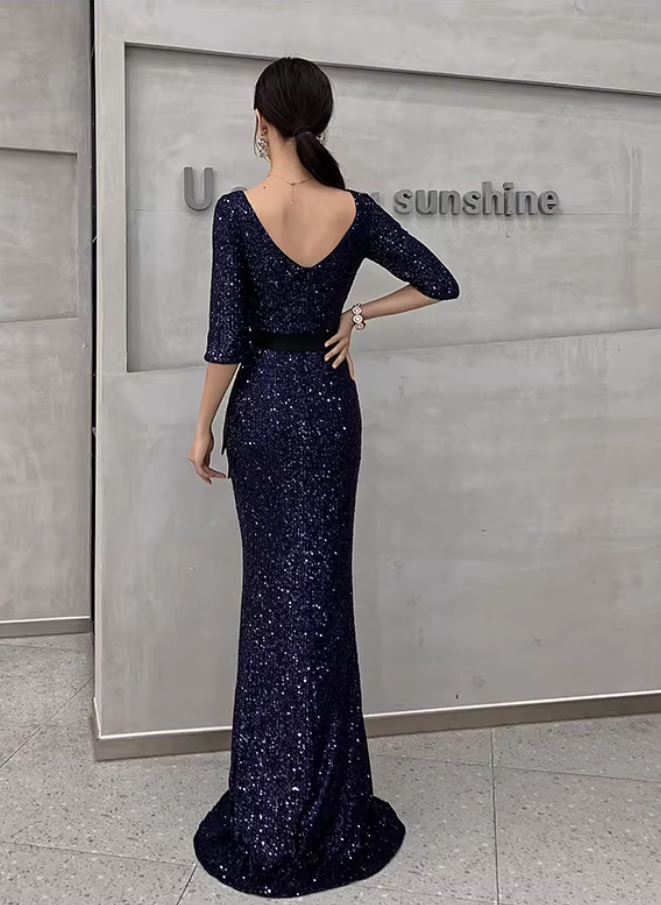Glamorous Sequin Mermaid Evening Gown 3/4 Sleeve V-Neck Sash High Slit Prom Dress DP7814