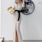 Glamorous Sequin Mermaid Evening Gown 3/4 Sleeve V-Neck Sash High Slit Prom Dress DP7814