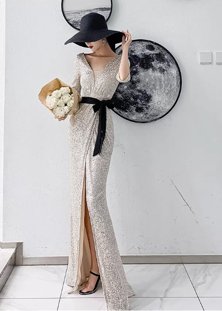 Glamorous Sequin Mermaid Evening Gown 3/4 Sleeve V-Neck Sash High Slit Prom Dress DP7814