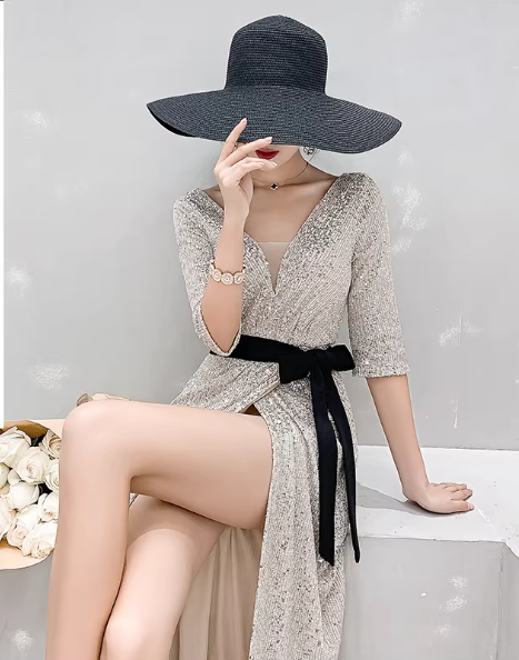 Glamorous Sequin Mermaid Evening Gown 3/4 Sleeve V-Neck Sash High Slit Prom Dress DP7814