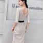 Glamorous Sequin Mermaid Evening Gown 3/4 Sleeve V-Neck Sash High Slit Prom Dress DP7814