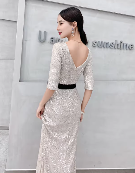 Glamorous Sequin Mermaid Evening Gown 3/4 Sleeve V-Neck Sash High Slit Prom Dress DP7814