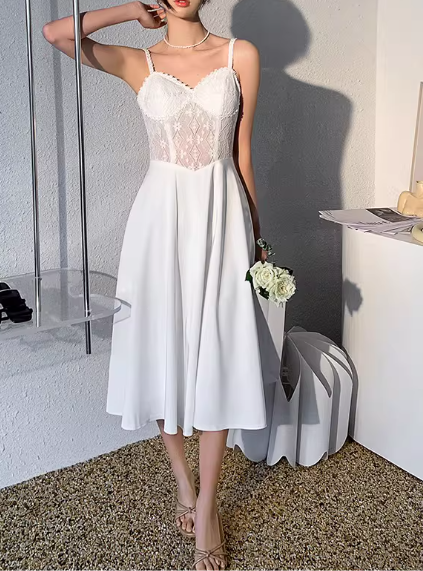 Vintage White Lace Bodice A-Line Midi Evening Gown Spaghetti Strap Prom Dress DP7815