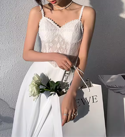 Vintage White Lace Bodice A-Line Midi Evening Gown Spaghetti Strap Prom Dress DP7815