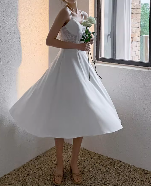 Vintage White Lace Bodice A-Line Midi Evening Gown Spaghetti Strap Prom Dress DP7815