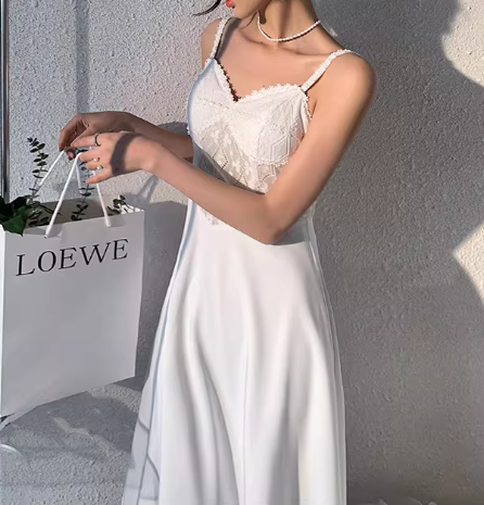 Vintage White Lace Bodice A-Line Midi Evening Gown Spaghetti Strap Prom Dress DP7815