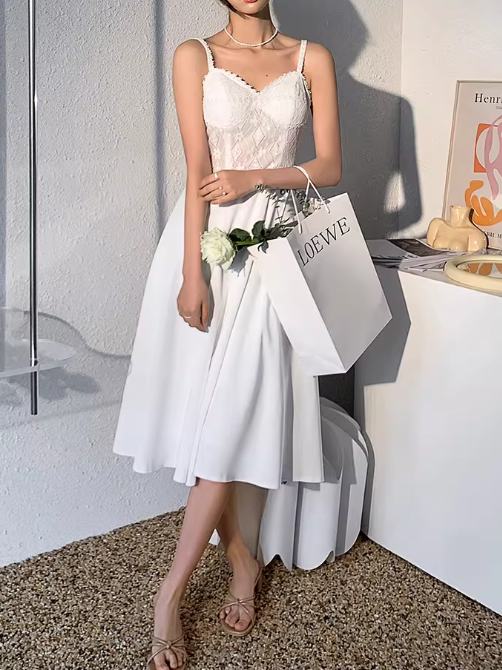 Vintage White Lace Bodice A-Line Midi Evening Gown Spaghetti Strap Prom Dress DP7815