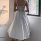 Vintage White Lace Bodice A-Line Midi Evening Gown Spaghetti Strap Prom Dress DP7815