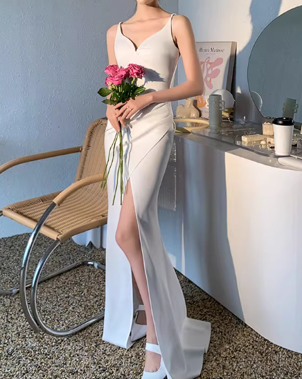 Vintage White Satin Mermaid Spaghetti Strap V-Neck High Slit Wedding Dress DP7816