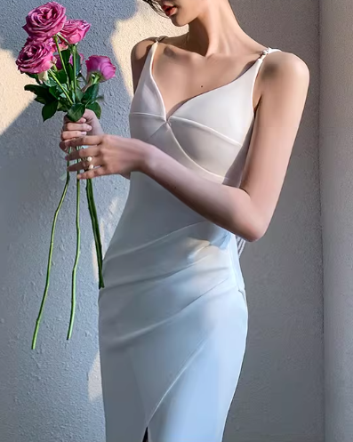 Vintage White Satin Mermaid Spaghetti Strap V-Neck High Slit Wedding Dress DP7816