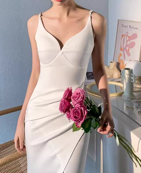 Vintage White Satin Mermaid Spaghetti Strap V-Neck High Slit Wedding Dress DP7816