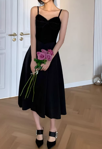 Vintage Black A-Line Midi Evening Gown Spaghetti Strap Prom Dress Prom Dress DP7817