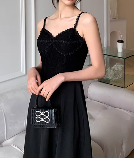 Vintage Black A-Line Midi Evening Gown Spaghetti Strap Prom Dress Prom Dress DP7817