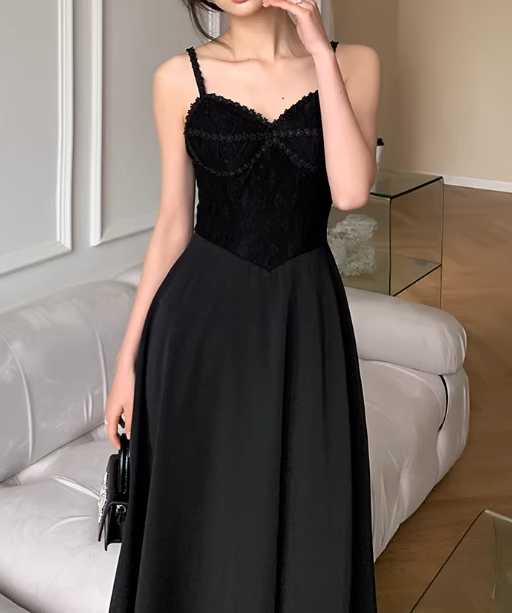 Vintage Black A-Line Midi Evening Gown Spaghetti Strap Prom Dress Prom Dress DP7817