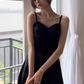 Vintage Black A-Line Midi Evening Gown Spaghetti Strap Prom Dress Prom Dress DP7817