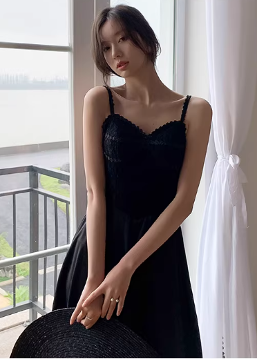 Vintage Black A-Line Midi Evening Gown Spaghetti Strap Prom Dress Prom Dress DP7817