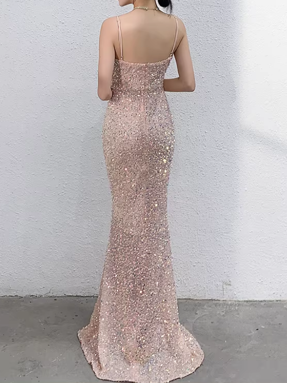 Elegant Pink Sequin Mermaid Evening Gown Spaghetti Strap Deep V-Neck Prom Dress DP7827