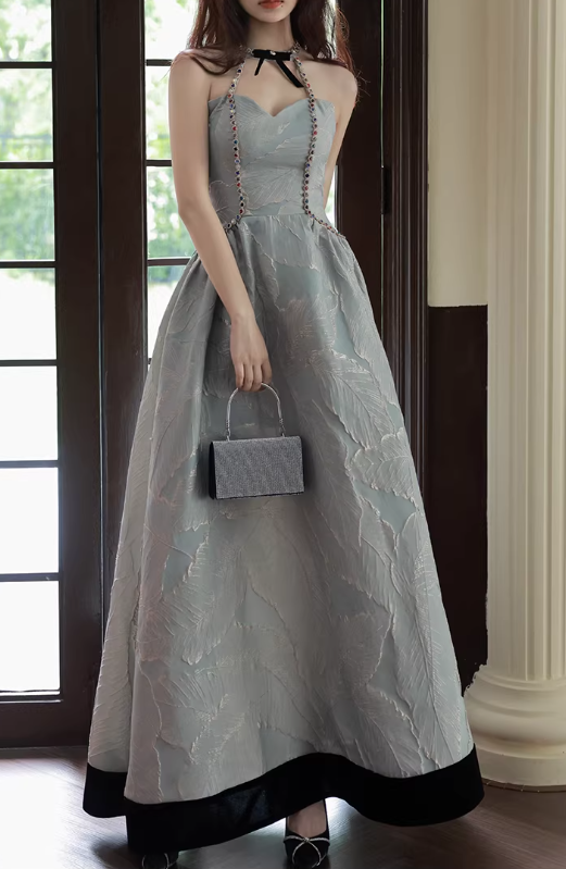 Elegant Dusty Sage Halter Neck Feather-Pattern Evening Gown Beaded Trim A-Line Prom Dress DP7820