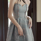 Elegant Dusty Sage Halter Neck Feather-Pattern Evening Gown Beaded Trim A-Line Prom Dress DP7820