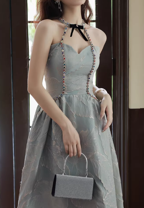 Elegant Dusty Sage Halter Neck Feather-Pattern Evening Gown Beaded Trim A-Line Prom Dress DP7820